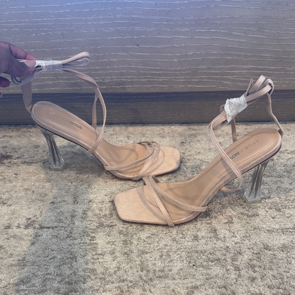 Fashion Nova Tan Strappy Heels with Silver Accents